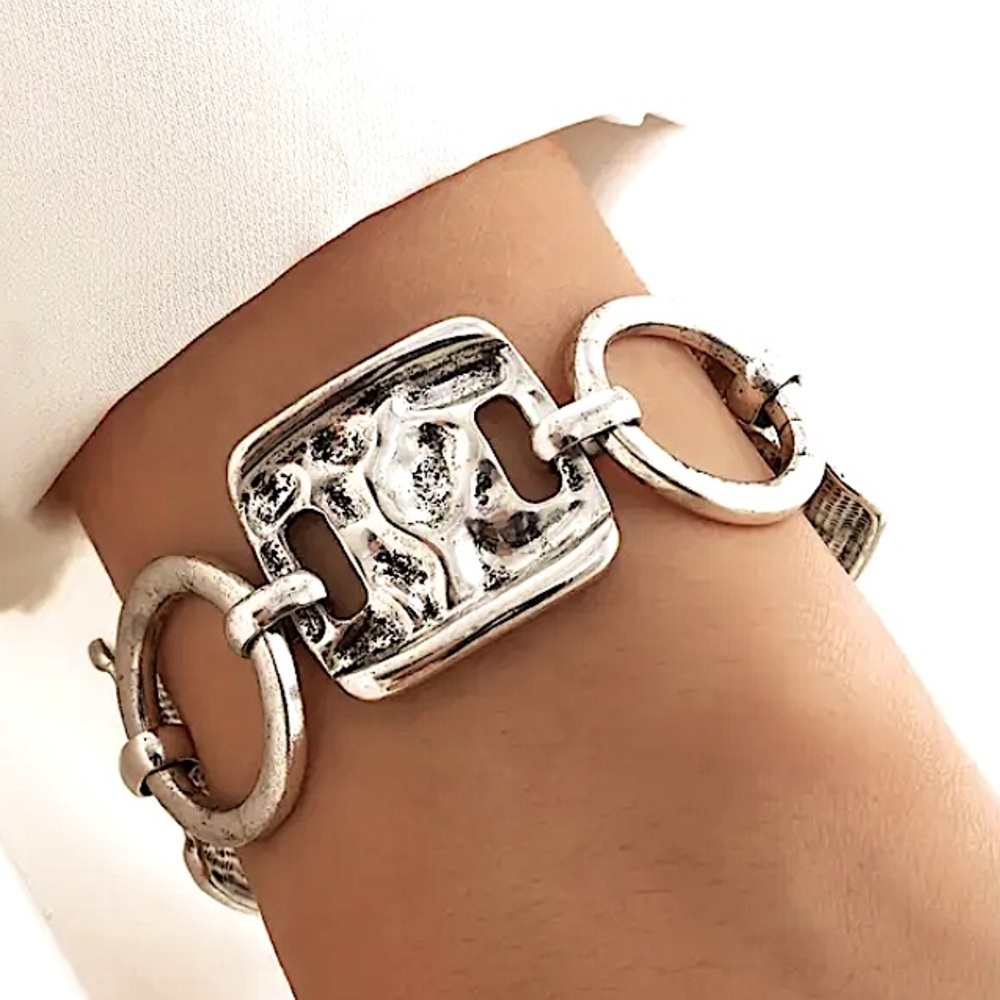 Stainless Steel Statement Bracelet Chain Link Boho Hammered Statement Piece
